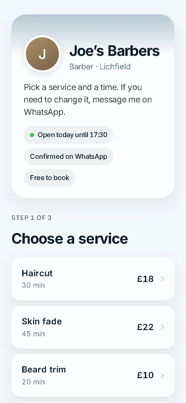 A barber’s Bookable booking page on a phone, listing haircut, skin fade, beard trim and haircut and beard with prices