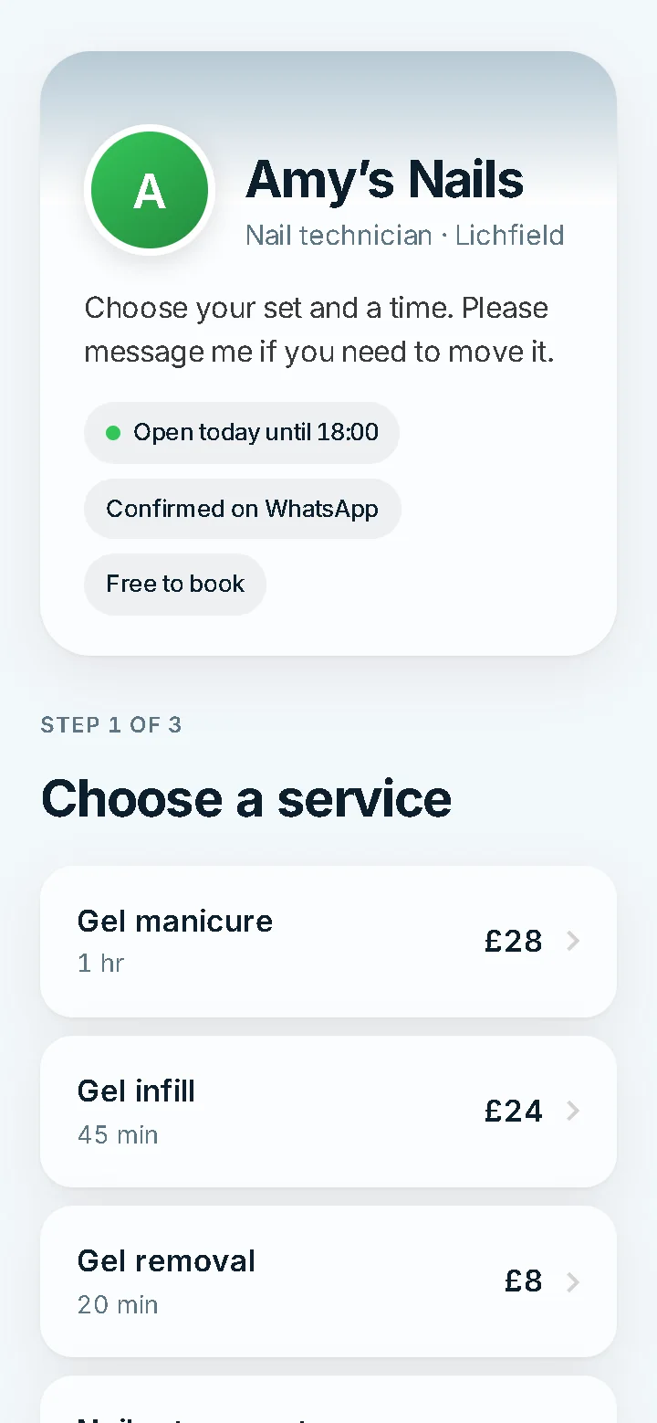 A nail technician’s Bookable booking page on a phone